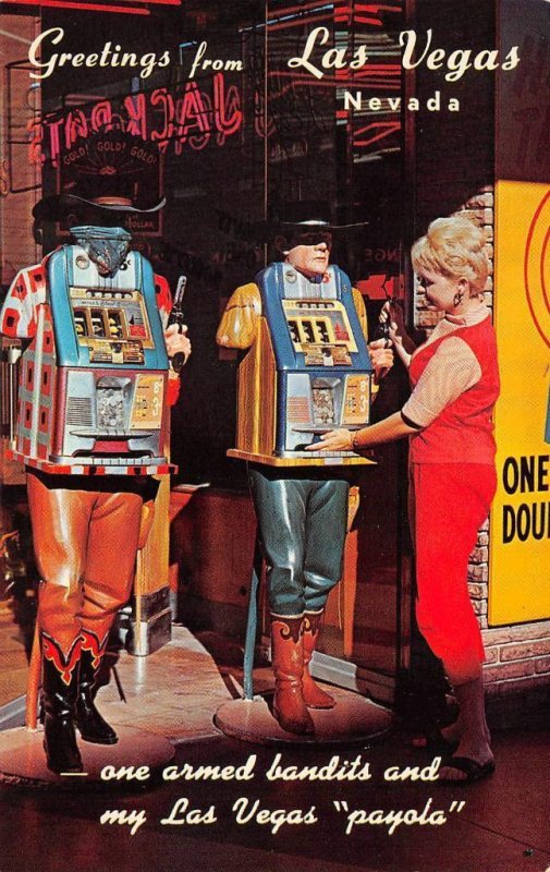 One Armed Bandits LAS VEGAS, NEVADA Cowboy Slot Machines c1950s Vintage Postcard