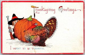 Thanksgiving Greetings Turkey & Baby Boy Hiding In Pumpkin Squash Postcard