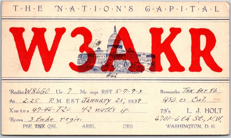 1939 QSL Radio Card Washington D.C. W3AKR Amateur Radio Station Posted Postcard