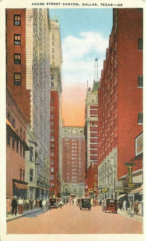 Akard Street Canyon Dallas Texas Automobiles Kropp 1930s Postcard20-7391