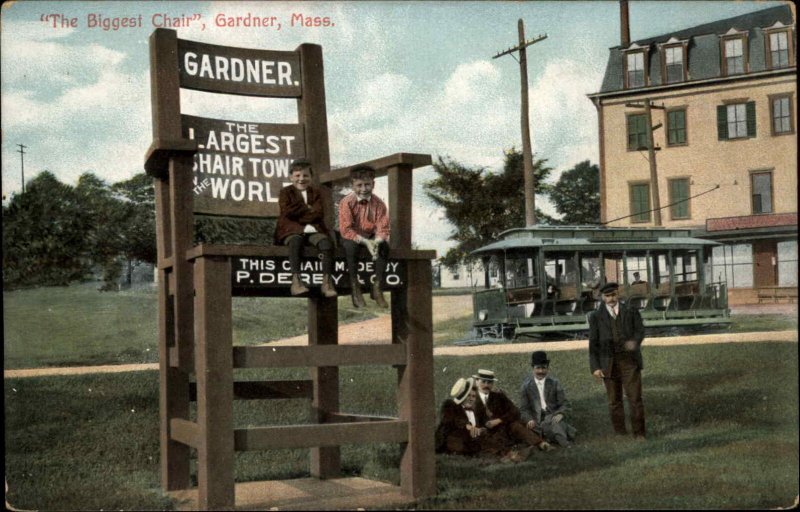 Gardner MA Largest Chair in the World & Trolley c1910 Postcard