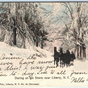 1907 Liberty, NY Ice Storm Horse Carriage Sled Litho Photo Hillig Blue PC A166