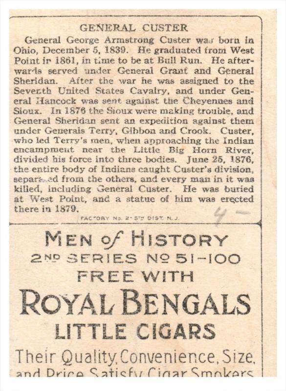 1983  General  Custer Royal Bengals Little Cigars MEN OF HISTORY Card
