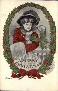 Christmas Beautiful Young Woman in Red Wreath Border c1910 Vintage Postcard