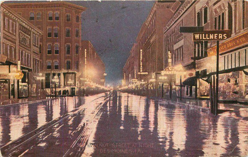 1914 DES MOINES IOWA Walnut Street Night postcard 5212