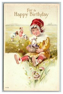 Vintage 1910's Birthday Postcard Cute Girl Red Bonnet in Field of Flowers