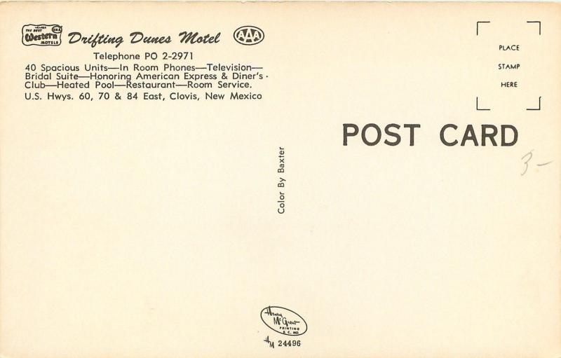 Clovis New Mexico~Drifting Dunes Motel~Restaurant~Pool~NICE 1950s Cars~Postcard