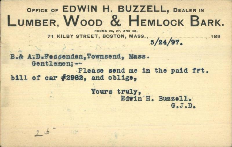 Boston to Townsend MAAD Fessenden E Buzzell Lumber Wood 1897 Postal Card