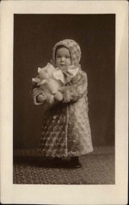 Little Boy Full Length Fur Coat Stuffed Kitty Cat c1910 Real Photo Postcard