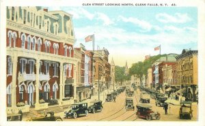 Postcard New York Glen Falls Glen Street trolley autos Hughes Teich 23-2788