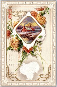 1911 Thanksgiving Greetings Embossed Turkey Flowers & Village Posted Postcard