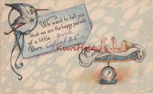 Postcard Stork Birth Announcement Baby Girl April 1925