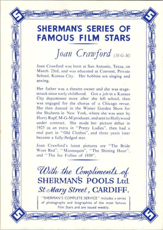 Joan Crawford Advertising Complients Of Sherman's Pools Cardiff