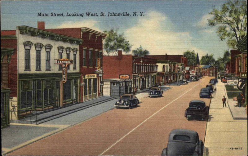 JOHNSVILLE NY Main Street Scene OLD CARS Old LINEN Postcard