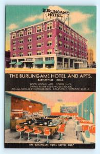 Postcard OK Bartlesville Burlingame Hotel & Apartments Coffee Shop Linen I12