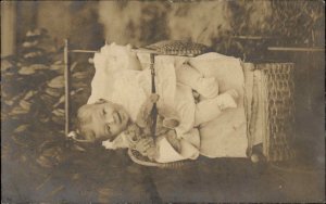 Baby Boy in Wicker Carriage Stuffed Bear Toy St. Louis Cancel RPPC 1907