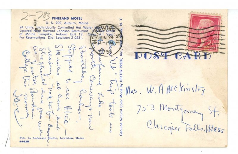 ME - Auburn. Pineland Motel ca 1956