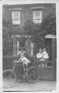 HUSBAND & WIFE & CHILDREN POSE WITH BICYCLE~1907 REAL PHOTO CYCLING POSTCARD