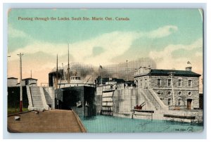 C1910 Passing Through The Locks Sault Ste Marie Ont Canada Postcard P203E