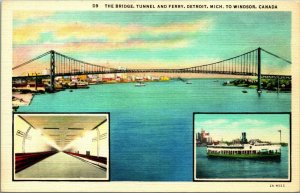 Windsor Tunnel Bridge Ferry Multiview Detroit MI Michigan UNP Linen Postcard D14