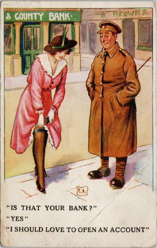 Pretty Woman and Military Man Comic 'Is That Your Bank' T.A. Postcard G31 *as is