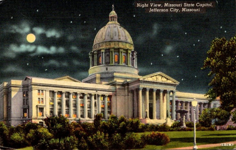 Missouri Jefferson City State Capitol At Night 1953
