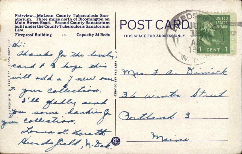 Bloomington Illinois IL Fairview McLean Tuberculosis Sanatorium Vintage Postcard