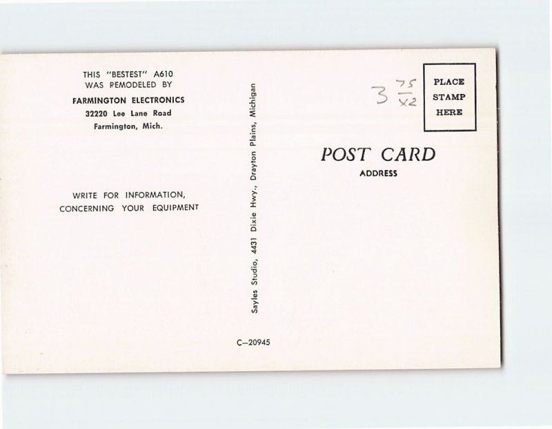 Postcard Bestest A610, Farmington Electronics, Farmington, Michigan