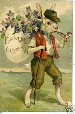 VINTAGE EASTER POSTCARD DRESSED RABBIT HOBO FLOWERS '09