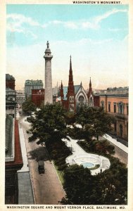 Vintage Postcard Washington's Monument Mount Vernon Place Baltimore Maryland MD