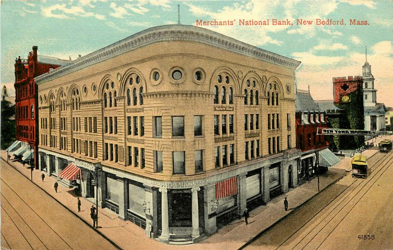 Postcard Merchants National Bank New Bedford MI Bristol County & Trolley Tracks 