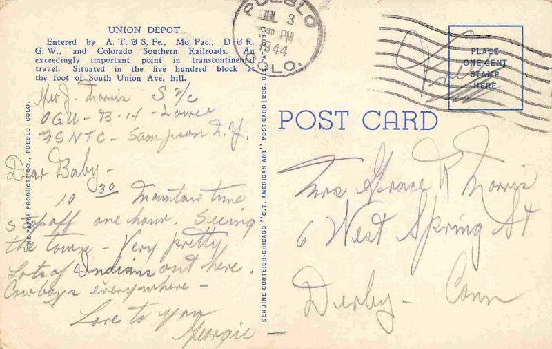 Union Railroad Depot Trains Pueblo Colorado 1944 linen postcard