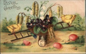 Easter Chicks Eggs Ladder Flowers Embossed c1900s-10s Postcard