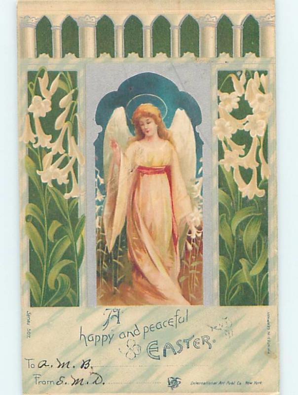 Pre-1907 BEAUTIFUL ANGEL AND EASTER LILY FLOWERS IN CHURCH WINDOW HL0863