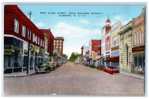 c1940's West Evans St. Main Business District Florence SC Restaurant Ad Postcard