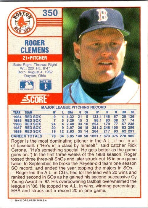 1989 Score Baseball Card Roger Clemens Boston Red Sox sk29818