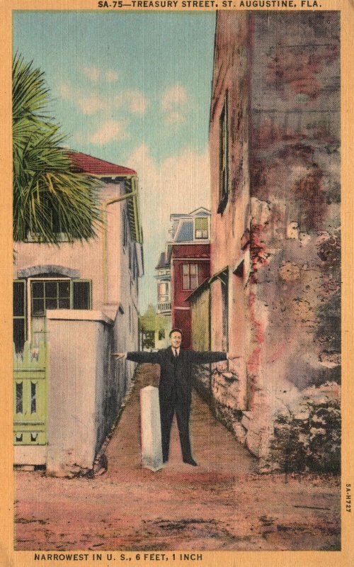 Vintage Postcard 1954 Treasury Street Narrowest Us Highway St. Augustine Florida