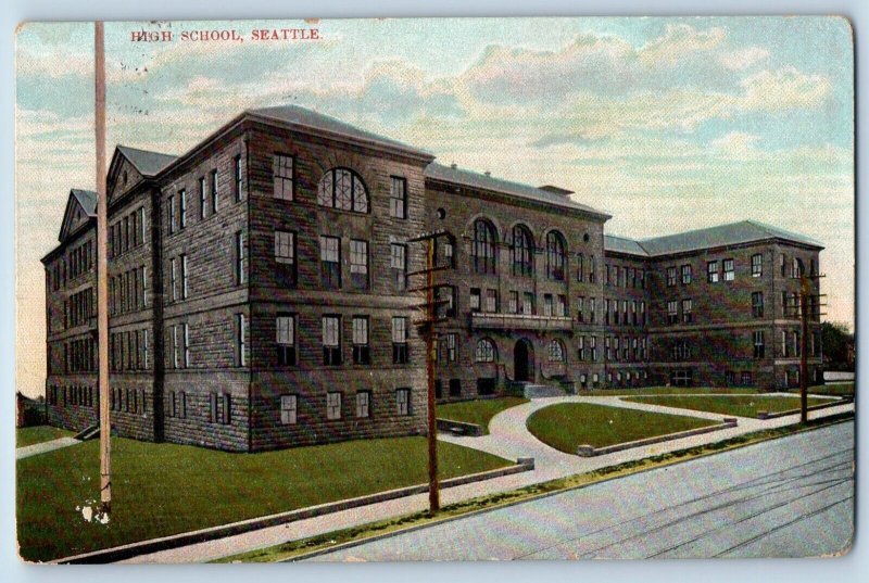 Seattle Washington Postcard High School Exterior Building c1908 Vintage Antique