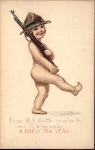 Lyman Powell New Year WWI Little Naked Boy with Toy Gun Vintage Postcard