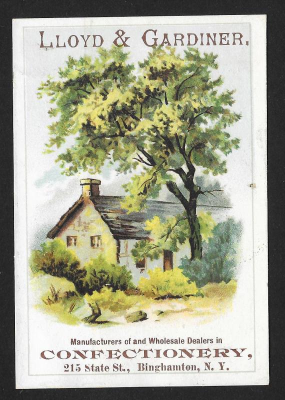 VICTORIAN TRADE CARD Lloyd & Gardiner Confectionery House & Trees