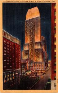 Ohio Cincinnati Fountain Square and Carew Tower At Night Curteich