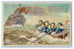 Easter Greetings Battleship US Navy Sailors Anthropomorphic Chicks Eggs Postcard