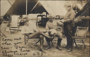 US Military Officers in Camp Reading Letter Chicago IL Cancel 1907 RPPC