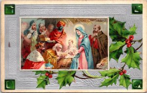 A Glad Christmas, Nativity Embossed Vintage Postcard S49