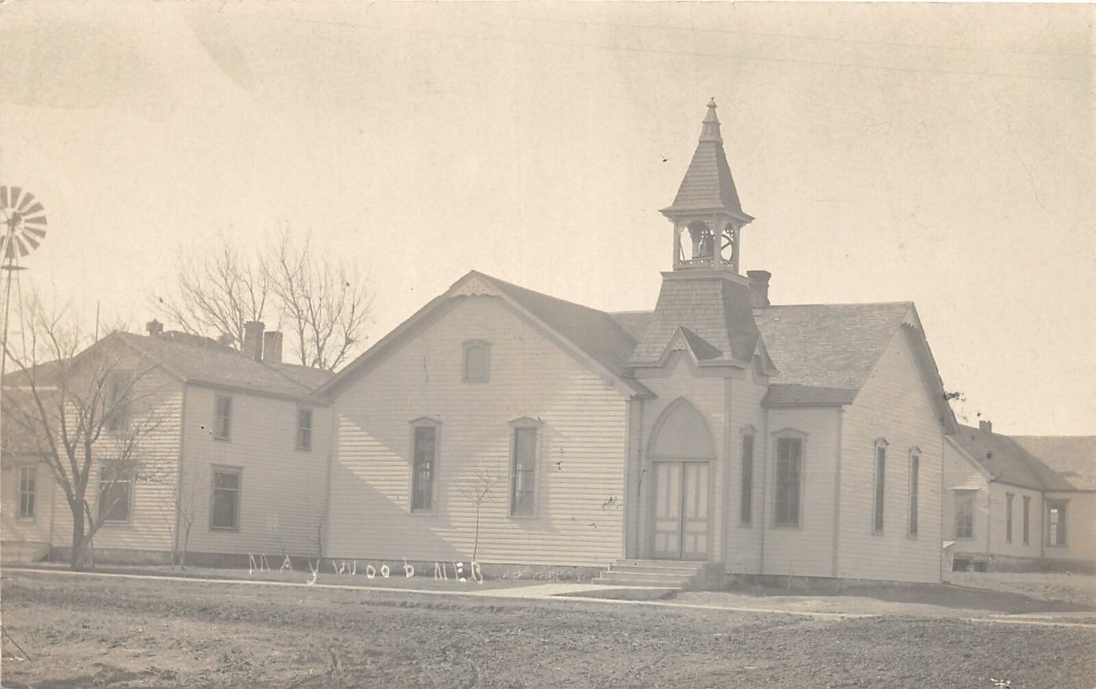 H15/ Maywood Nebraska RPPC Postcard 1911 Church Building Windmill