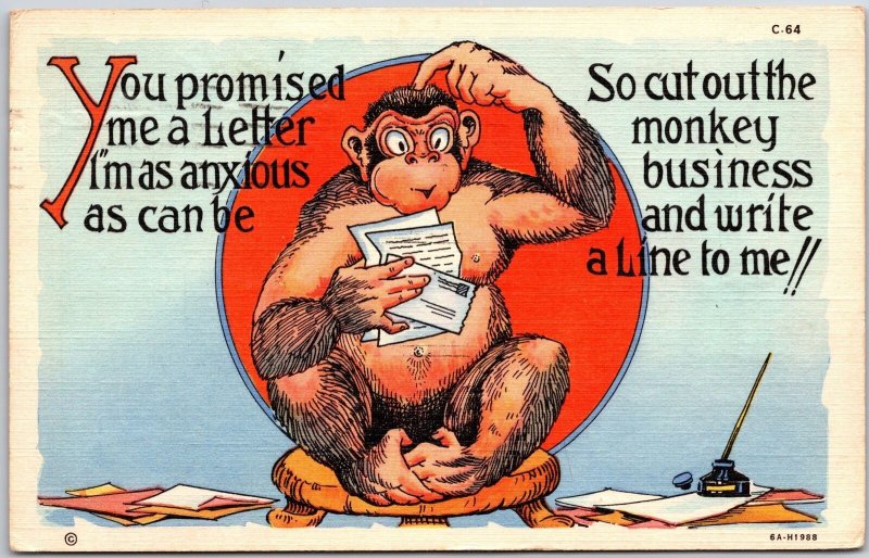 1942 You Promised Me A Letter I'm as Anxious As Can Be Monkey Comic Postcard