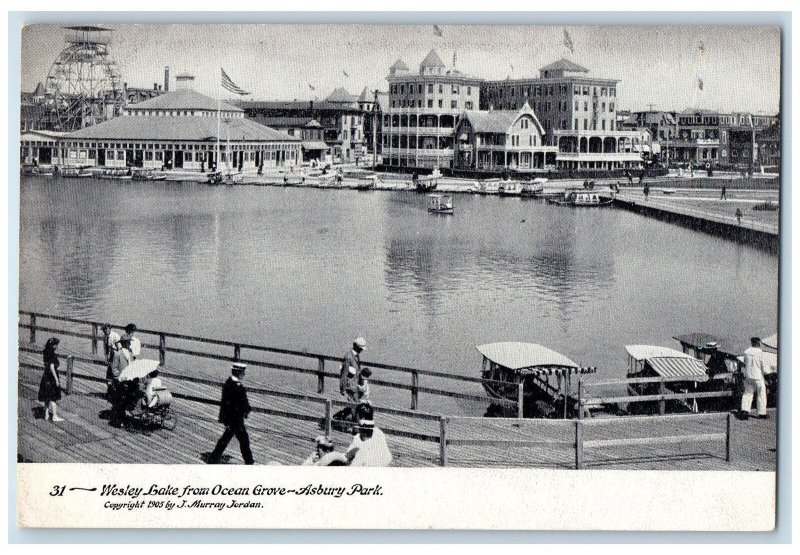 c1905 Wesley Lake Ocean Grove Boardwalk Boating Tourist Asbury Park NJ Postcard 