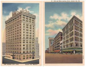 KANSAS CITY MO. 12th AND MAIN 1928 &  KANSAS CITY CLUB 1938 - LOT 2  POSTCARD