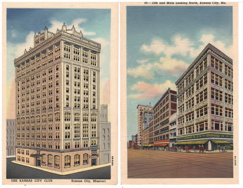 KANSAS CITY MO. 12th AND MAIN 1928 &  KANSAS CITY CLUB 1938 - LOT 2  POSTCARD