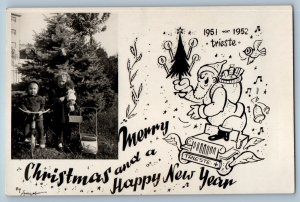 Christmas And Happy New Year Children With Toy Doll Bicycle RPPC Photo Postcard